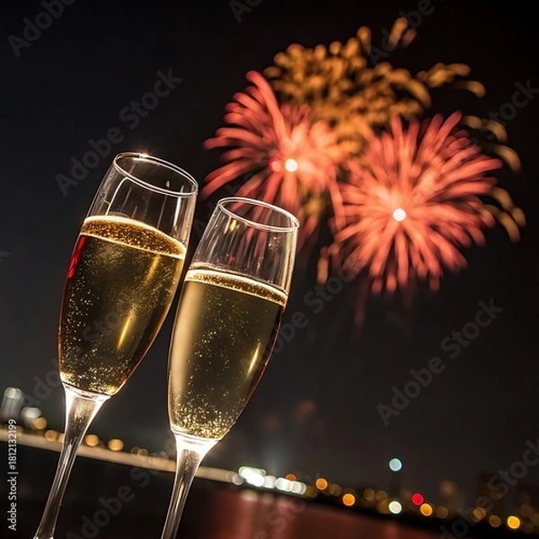 Fototapeta Celebrate with bubbly champagne under vibrant fireworks