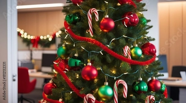 Fototapeta Festive Office Christmas Tree with Red and Green Ornaments and Twinkling Lights