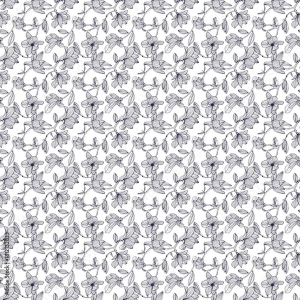 Fototapeta Seamless pattern of hand drawn magnolia flowers and leaves in black and white on a white background