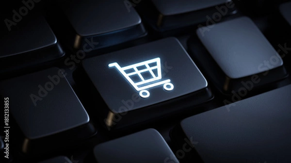 Fototapeta Close-Up of Shopping Cart Icon on Black Keyboard, E-Commerce Technology Button, Online Shopping Concept, Digital Retail Interface, Black Friday