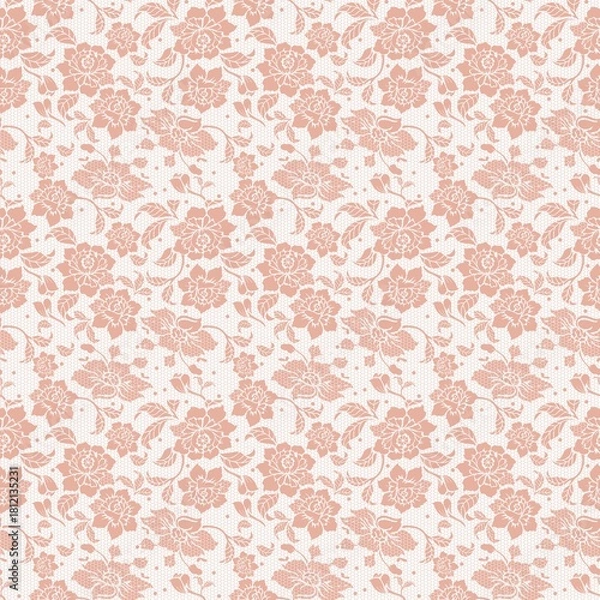 Fototapeta Seamless pattern of peach colored roses and leaves on a white background with a lace like texture