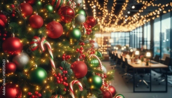 Fototapeta Festive Office Christmas Tree with Red and Green Ornaments and Twinkling Lights