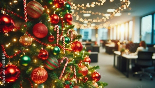 Fototapeta Festive Office Christmas Tree with Red and Green Ornaments and Twinkling Lights