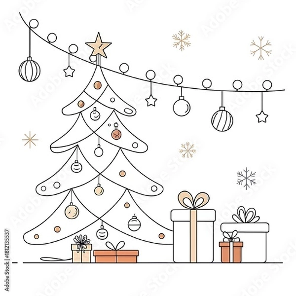 Obraz Whimsical hand drawn sketch of a decorated christmas tree with presents and twinkling lights