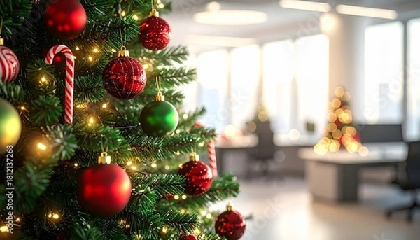 Fototapeta Festive Office Christmas Tree with Red and Green Ornaments and Twinkling Lights