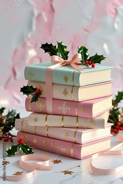 Fototapeta Festive books with holly create holiday magic
