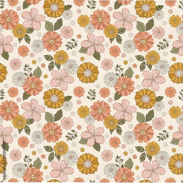 Fototapeta A seamless pattern of retro flowers in shades of pink orange yellow and white with green leaves scattered about