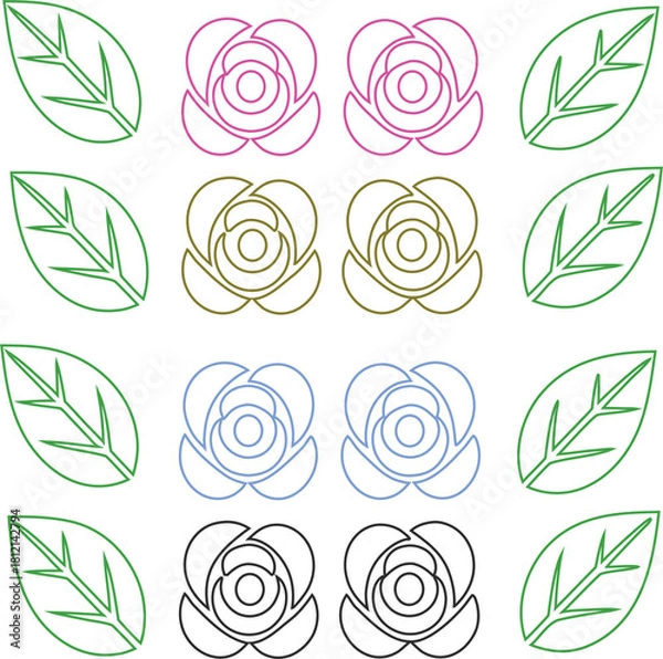 Fototapeta Classic rose outline vector set with elegant floral details and leaf. Ideal for tattoo designs, romantic artwork, wedding invitations, and botanical illustration projects.