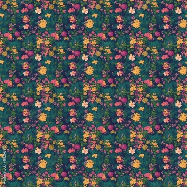 Fototapeta Repeating floral pattern with yellow pink and white flowers on a dark green background creates a vintage aesthetic