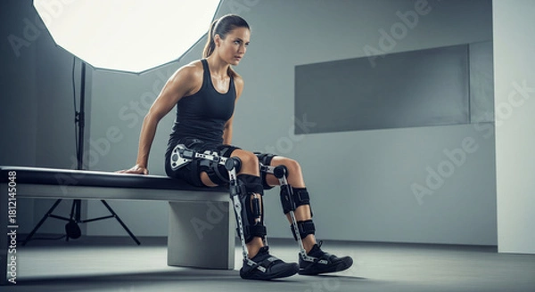 Fototapeta woman wearing exoskeleton leg braces sits on bench, showcasing advanced technology