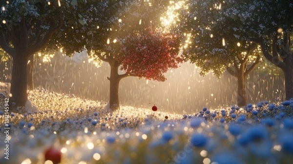 Fototapeta A sunlit, magical forest glade filled with flowers, trees, and soft light