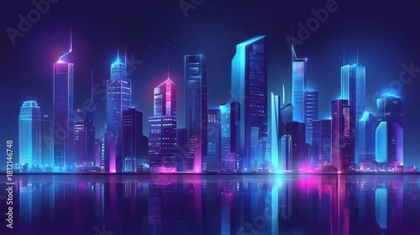 Fototapeta Neon-lit city skyline at night, reflected in water.  Vibrant  buildings with glowing,  futuristic  lights.  Dark  background,  smooth  style
