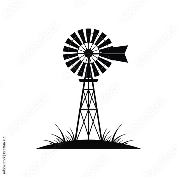 Obraz Classic farm windmill silhouette with grass