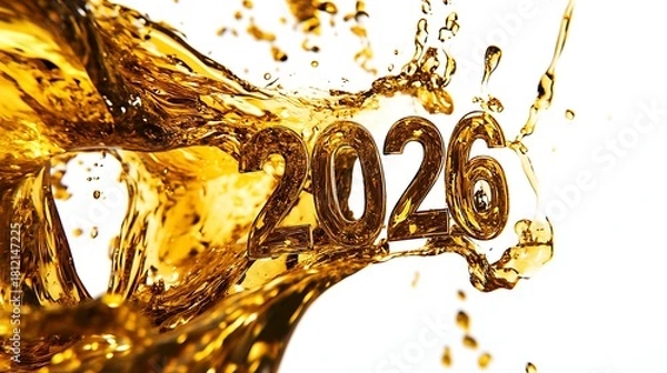 Obraz Golden 2026 New Year Date Numbers Floating Amidst Splashes and Droplets of Liquid