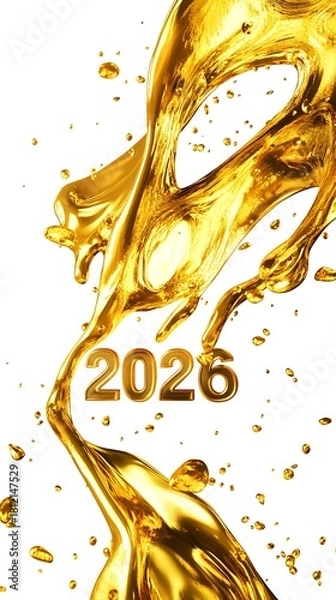 Fototapeta Golden Liquid Splash Flowing around Year 2026 on a Clean White Background
