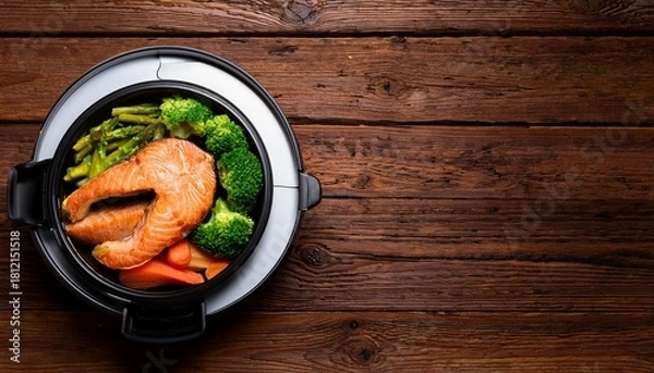 Obraz delicious air fried salmon and veggies on a rustic wooden table top view with copy space image for your text enjoy healthy meals cooked in an air fryer