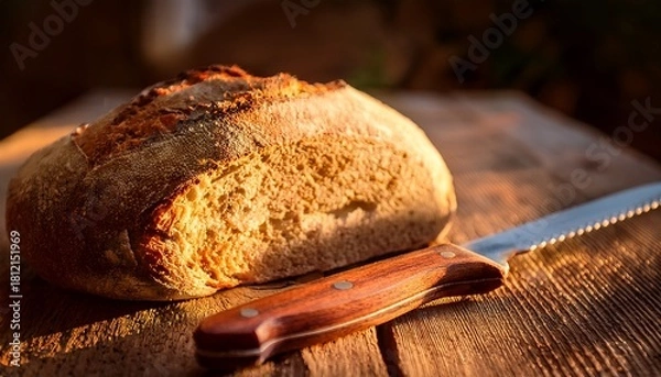 Fototapeta rustic bread and knife in warm natural light