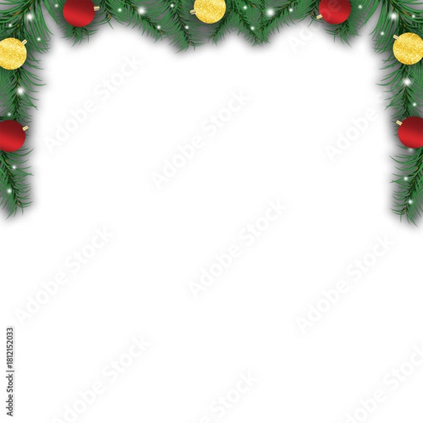 Fototapeta Pine Tree Leaves Christmas Frame, Gold & Red Ornaments, Sparkles Transparent PNG Border Frame 