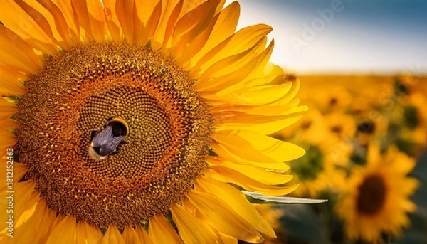Obraz close up of sunflower with bee in blooming field