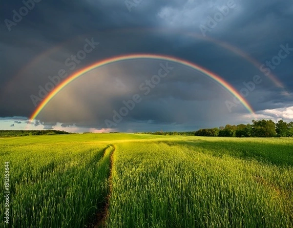 Obraz the double rainbow over a lush green meadow under a dramatic stormy sky