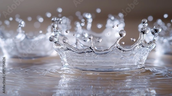 Fototapeta Liquid crown formation multiple droplet splash patterns captured simultaneously on water surface with high-speed macro photography showing complex interaction stages