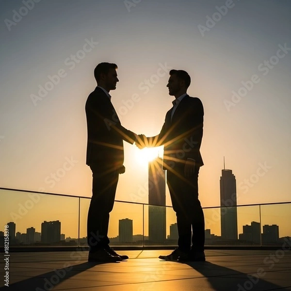 Fototapeta Two silhouetted business professionals finalize a deal with a handshake against a vibrant sunset skyline, symbolizing success, partnership, and ambition in a modern urban environment