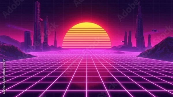Fototapeta Retrofuturistic synthwave cityscape with neon grid and sunset