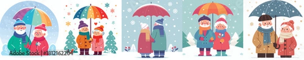 Obraz old couple walking with umbrellas under falling snow