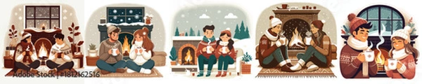 Obraz couples warm together by the fire and warm drinks