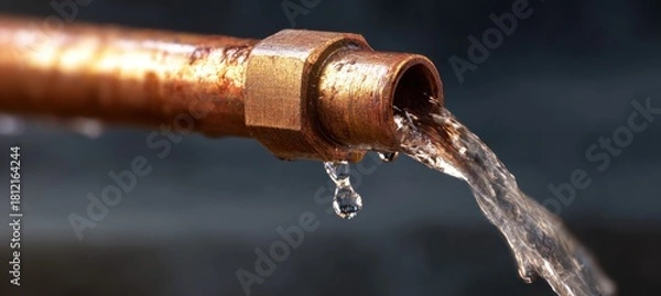 Fototapeta Leaking Copper Pipe - A Close-Up of Water Damage and Plumbing Issues.