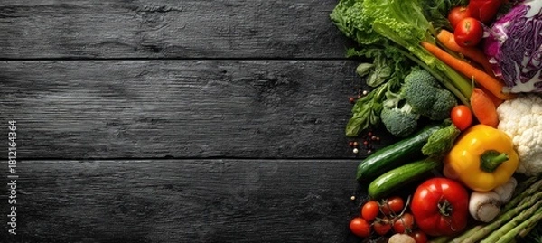Fototapeta Fresh Vegetables on Dark Wood Background - A Colorful and Healthy Display.