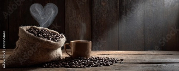 Fototapeta Aromatic Coffee Beans in Burlap Sack with Steaming Cup.