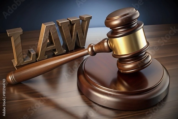 Obraz Gavel and wooden law text symbolizing justice and legal authority