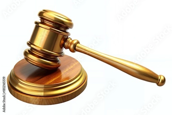 Obraz Golden gavel and sounding block on white background