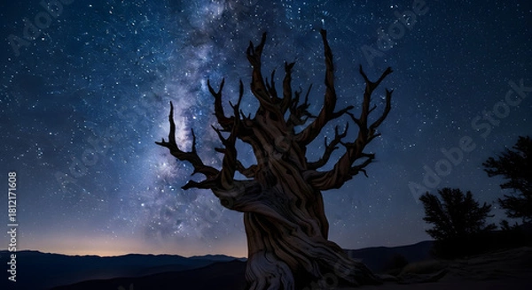 Fototapeta Ancient Bristlecone Pine Silhouette Under Stunning Milky Way Night Sky
