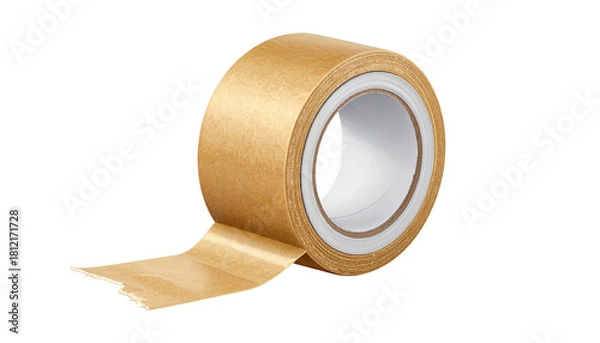 Obraz Adhesive Tape Closeup: A roll of tan-colored adhesive tape, with a section of the tape unfurled, revealing its sticky surface.