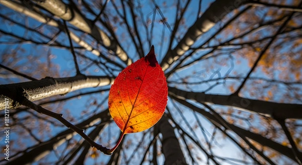 Fototapeta Single Vibrant Red and Orange Autumn Leaf Against Bare Tree Branches and Blue Sky