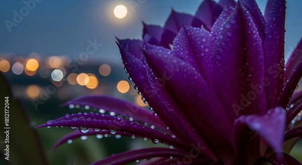 Fototapeta Stunning Purple Cactus Flower Blooming at Night Under a Full Moon with City Lights Bokeh Background