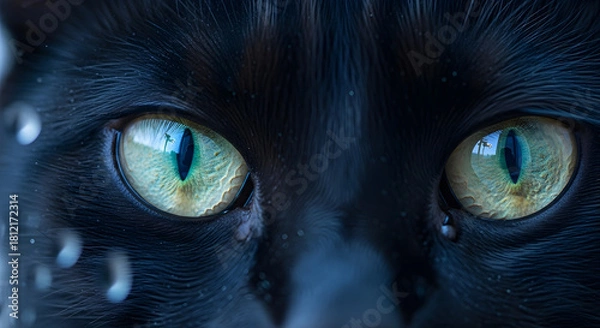 Fototapeta Mysterious Close Up of Striking Green Eyes on a Black Cat Face