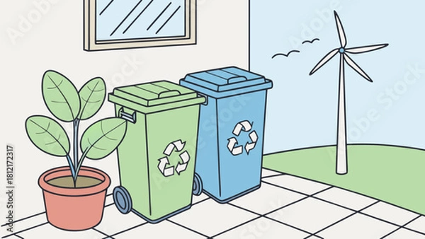 Fototapeta Embrace Sustainability: A vibrant, vector illustration showcasing eco-friendly practices with recycling bins, a lush plant, and a wind turbine for a green future