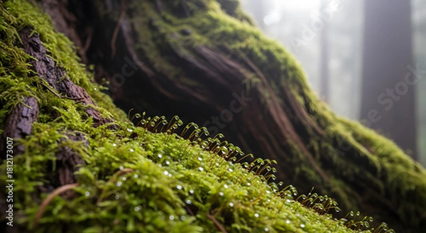 Fototapeta Lush Green Moss Growing on Ancient Redwood Tree Trunk in Foggy Forest