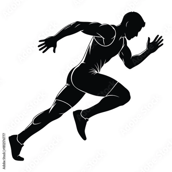 Fototapeta Black silhouette of a male athlete running or sprinting in a dynamic pose isolated on