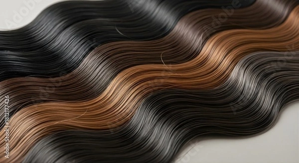 Fototapeta Wavy Hair Extensions Assortment of Colors Black Brown and Grey Displayed in Curled Bundles Beauty and Style Concept Close Up Textured Background