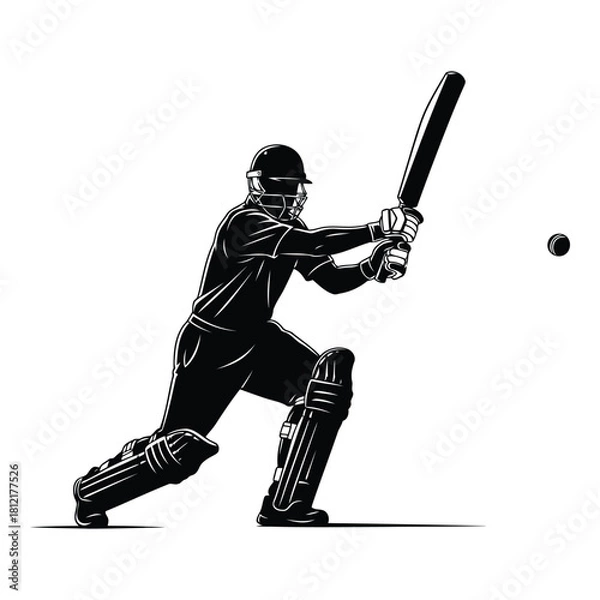 Fototapeta Black silhouette of a cricket player batting with a bat and ball in action isolated on