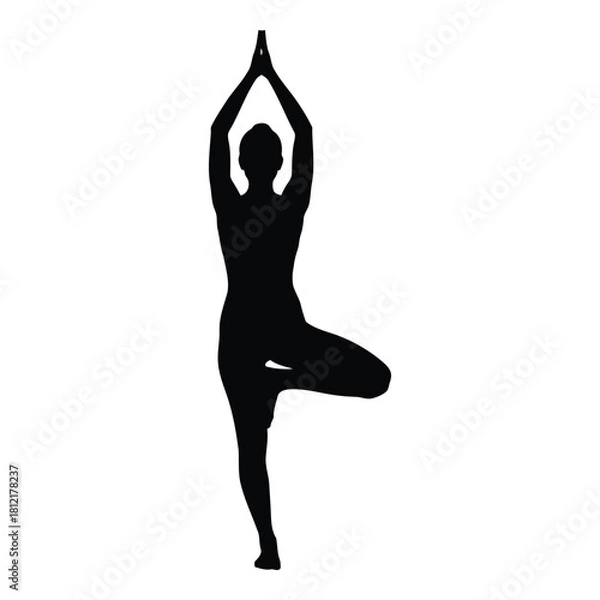 Fototapeta Silhouette of a woman practicing tree pose in yoga, isolated on