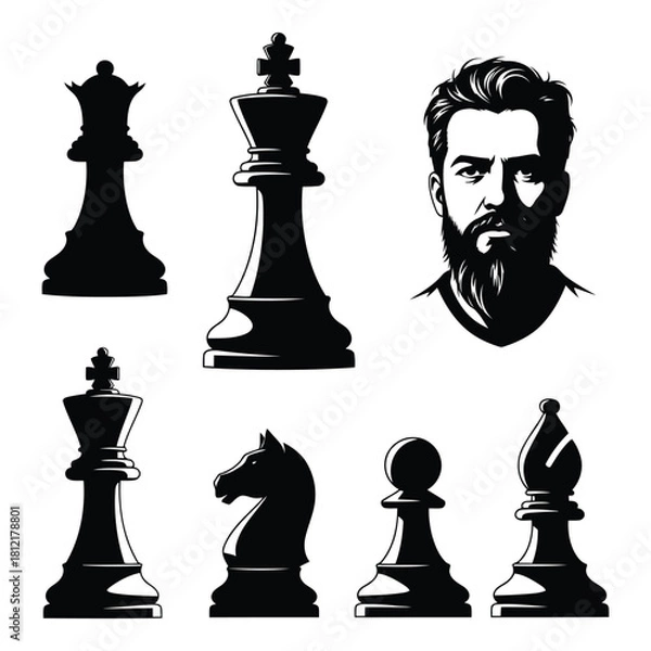 Obraz Black and white set of chess piece icon and a portrait of a bearded man isolated on