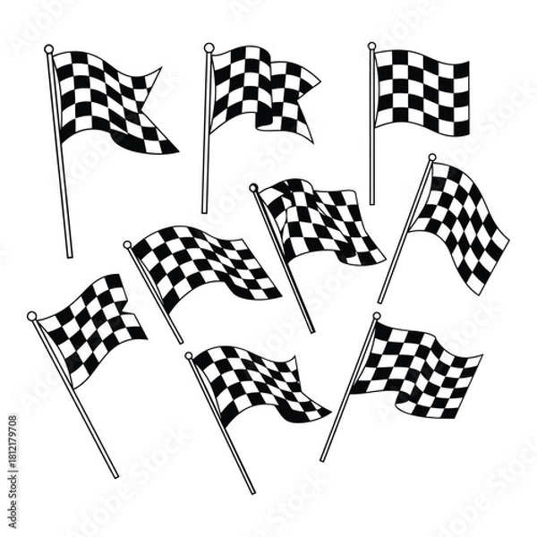Fototapeta Collection of checkered racing finish line flags waving in the wind isolated on