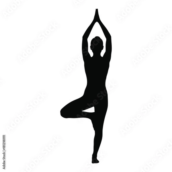 Fototapeta Silhouette of a person performing the tree yoga pose in a balanced position isolated on