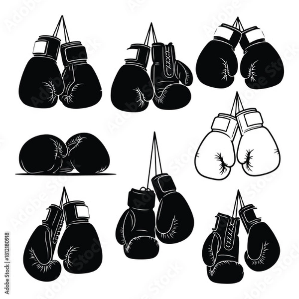 Fototapeta Assortment of boxing glove icon set showing various pairs hanging and resting isolated on