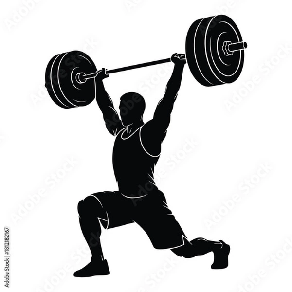 Obraz Silhouette of weightlifter performing a clean and jerk or snatch lift isolated on